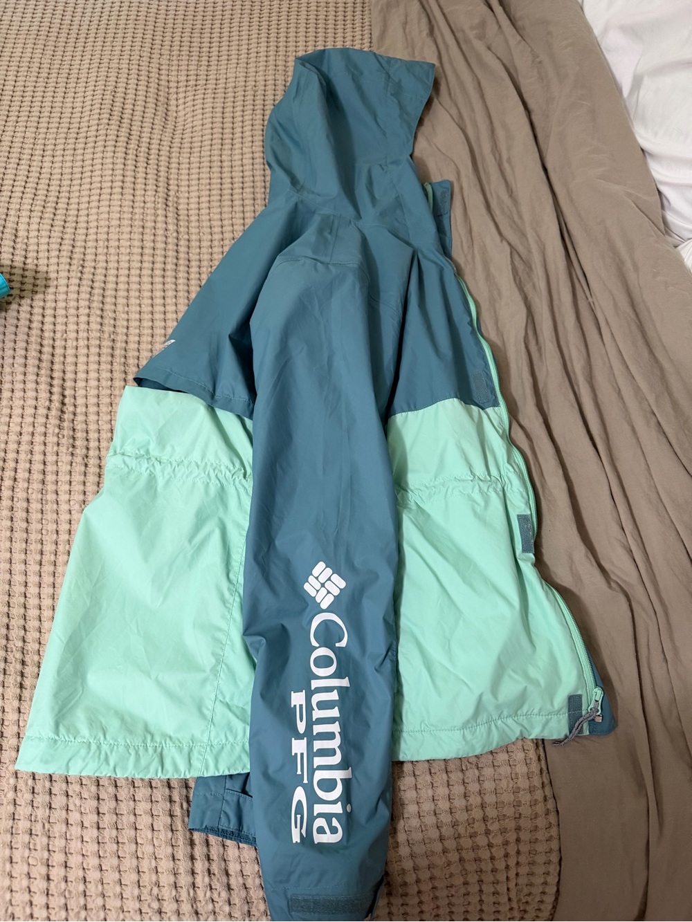 Columbia Kids Hooded Raincoat in Teal and Mint